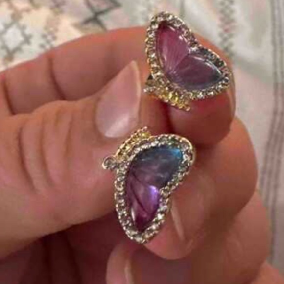 Dainty Colorful Rhinestone Gold Tone Butterfly Earrings - Picture 2 of 3